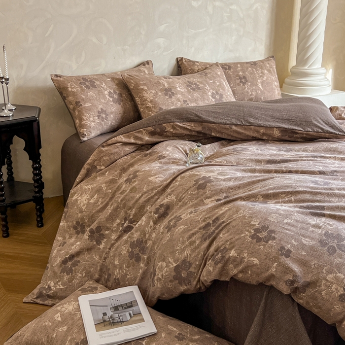 91家纺网 家纺一手货源 找家纺 艺玲家纺 2025新款加厚高克重原麻复古风亚麻印花四件套 墨染