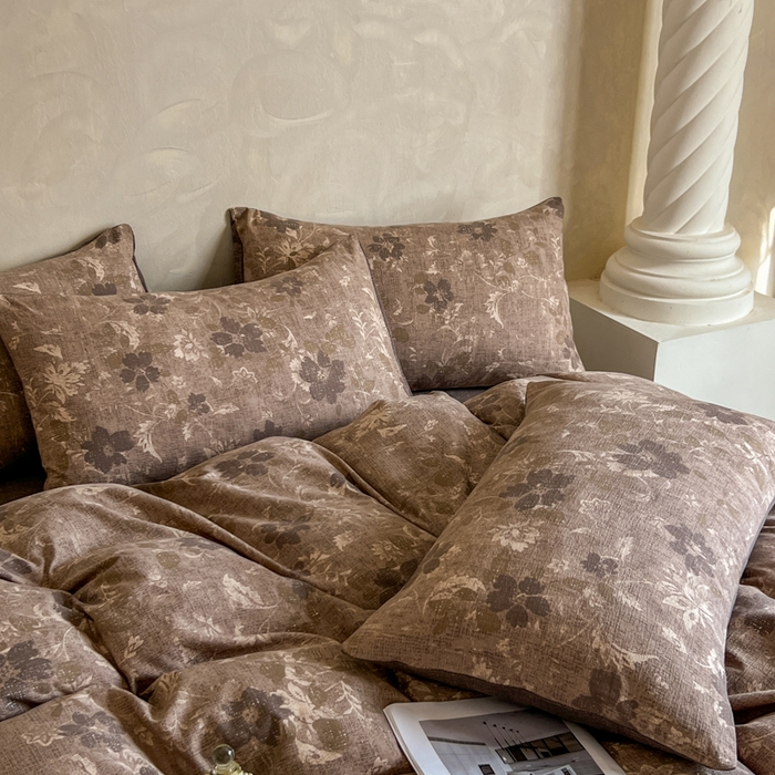 91家纺网 家纺一手货源 找家纺 艺玲家纺 2025新款加厚高克重原麻复古风亚麻印花四件套 墨染