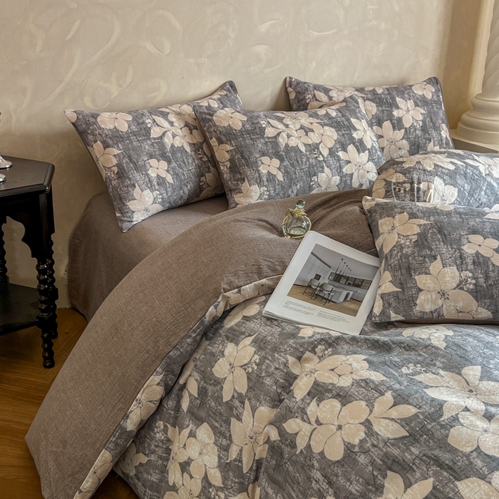 91家纺网 家纺一手货源 找家纺 艺玲家纺 2025新款加厚高克重原麻复古风亚麻印花四件套 南栀