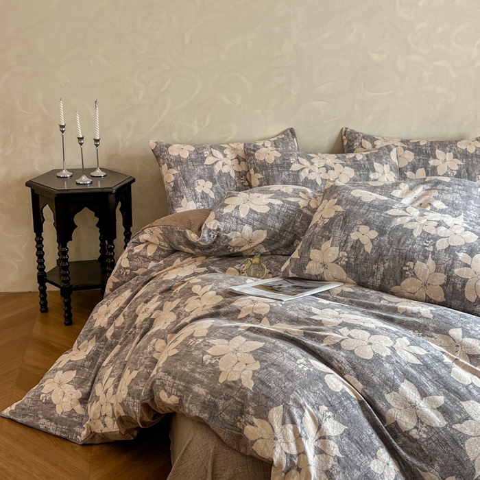 91家纺网 家纺一手货源 找家纺 艺玲家纺 2025新款加厚高克重原麻复古风亚麻印花四件套 南栀