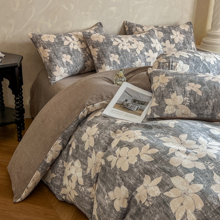 91家纺网 家纺一手货源 找家纺 艺玲家纺 2025新款加厚高克重原麻复古风亚麻印花四件套 南栀