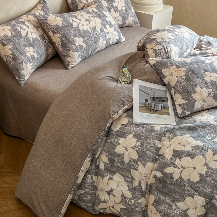 91家纺网 家纺一手货源 找家纺 艺玲家纺 2025新款加厚高克重原麻复古风亚麻印花四件套 南栀