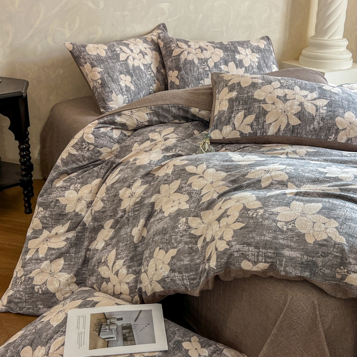 91家纺网 家纺一手货源 找家纺 艺玲家纺 2025新款加厚高克重原麻复古风亚麻印花四件套 南栀