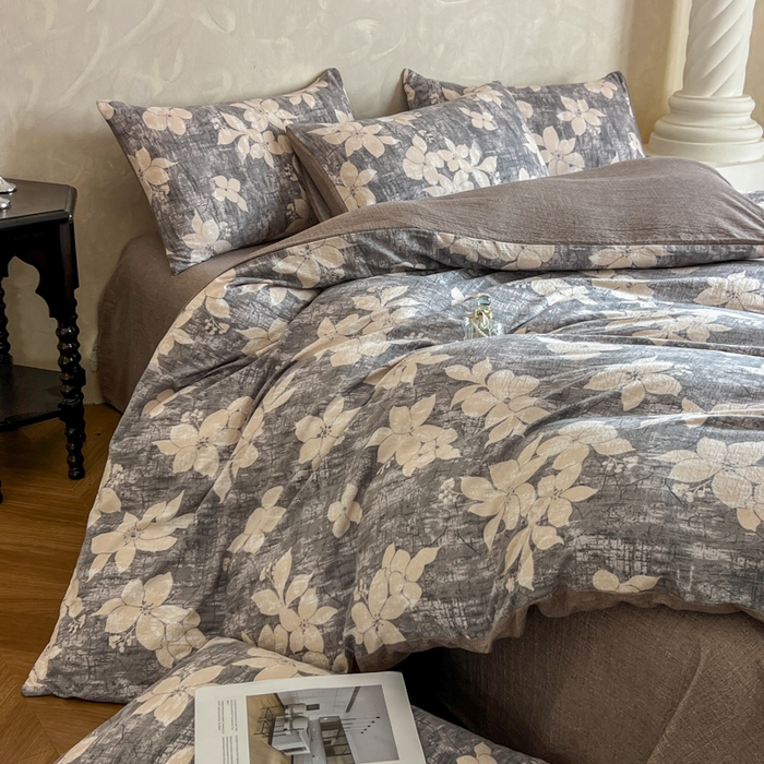 91家纺网 家纺一手货源 找家纺 艺玲家纺 2025新款加厚高克重原麻复古风亚麻印花四件套 南栀