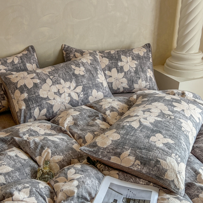 91家纺网 家纺一手货源 找家纺 艺玲家纺 2025新款加厚高克重原麻复古风亚麻印花四件套 南栀