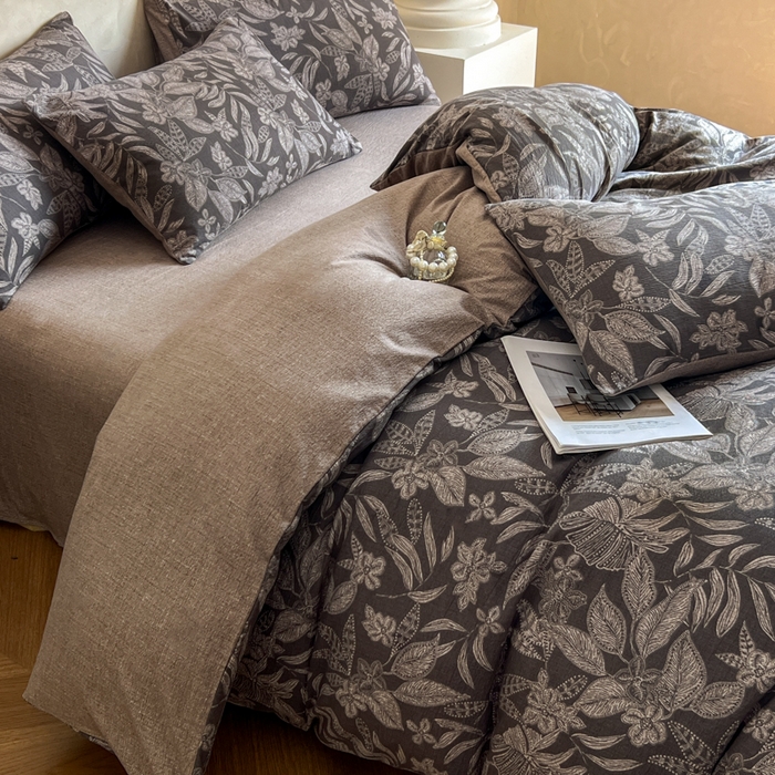 91家纺网 家纺一手货源 找家纺 艺玲家纺 2025新款加厚高克重原麻复古风亚麻印花四件套 青黛