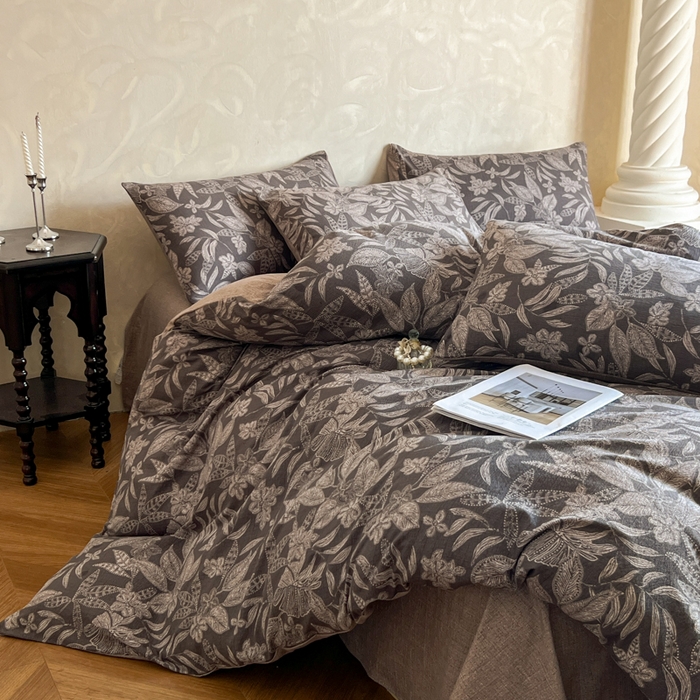 91家纺网 家纺一手货源 找家纺 艺玲家纺 2025新款加厚高克重原麻复古风亚麻印花四件套 青黛