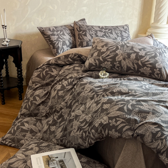 91家纺网 家纺一手货源 找家纺 艺玲家纺 2025新款加厚高克重原麻复古风亚麻印花四件套 青黛