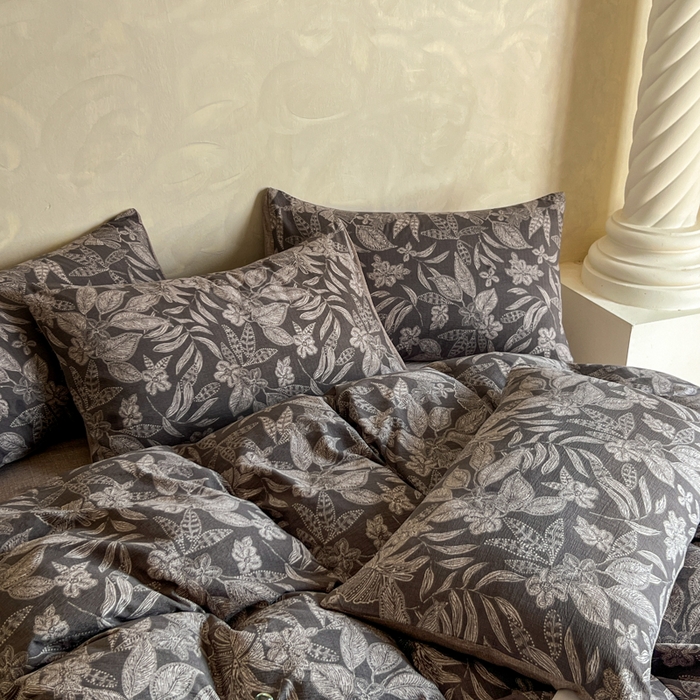 91家纺网 家纺一手货源 找家纺 艺玲家纺 2025新款加厚高克重原麻复古风亚麻印花四件套 青黛