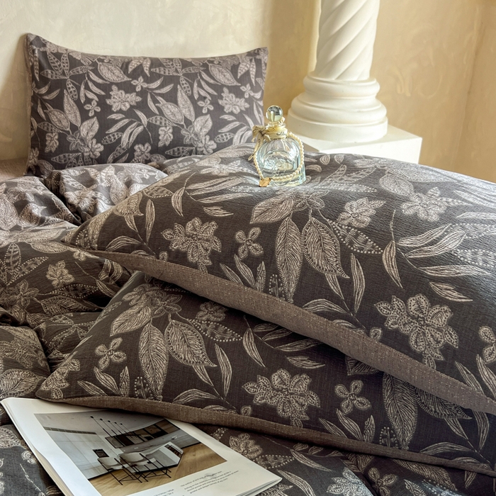 91家纺网 家纺一手货源 找家纺 艺玲家纺 2025新款加厚高克重原麻复古风亚麻印花四件套 青黛