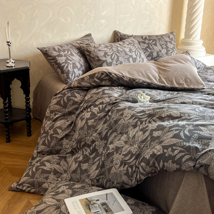 91家纺网 家纺一手货源 找家纺 艺玲家纺 2025新款加厚高克重原麻复古风亚麻印花四件套 青黛