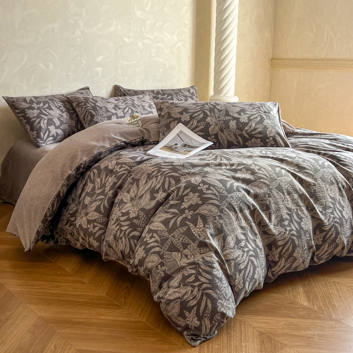 91家纺网 家纺一手货源 找家纺 艺玲家纺 2025新款加厚高克重原麻复古风亚麻印花四件套 青黛