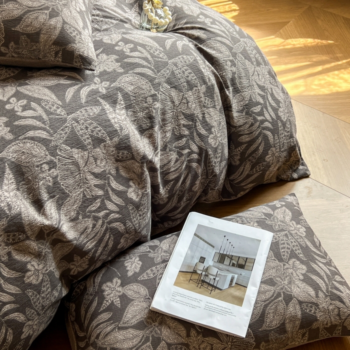 91家纺网 家纺一手货源 找家纺 艺玲家纺 2025新款加厚高克重原麻复古风亚麻印花四件套 青黛