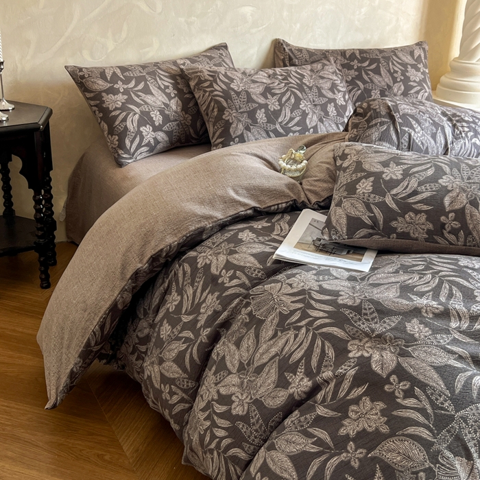 91家纺网 家纺一手货源 找家纺 艺玲家纺 2025新款加厚高克重原麻复古风亚麻印花四件套 青黛