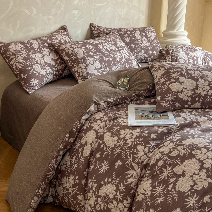 91家纺网 家纺一手货源 找家纺 艺玲家纺 2025新款加厚高克重原麻复古风亚麻印花四件套 山野