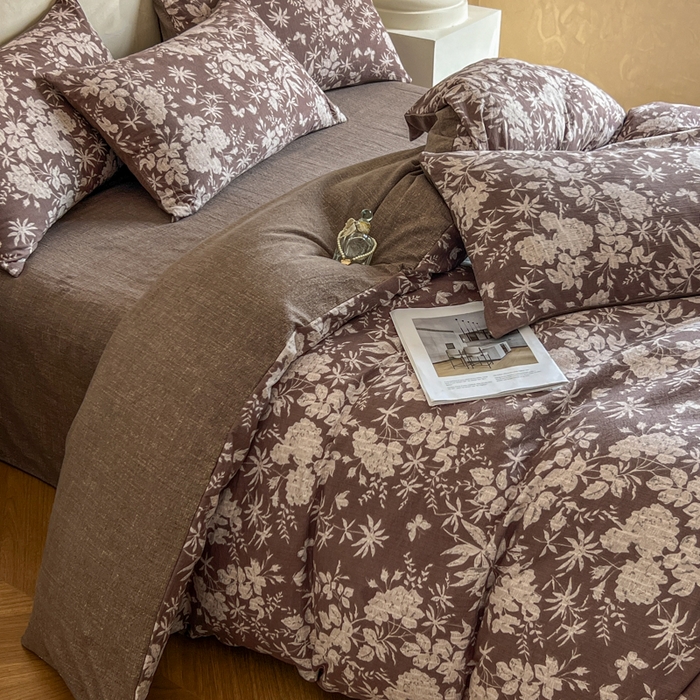 91家纺网 家纺一手货源 找家纺 艺玲家纺 2025新款加厚高克重原麻复古风亚麻印花四件套 山野