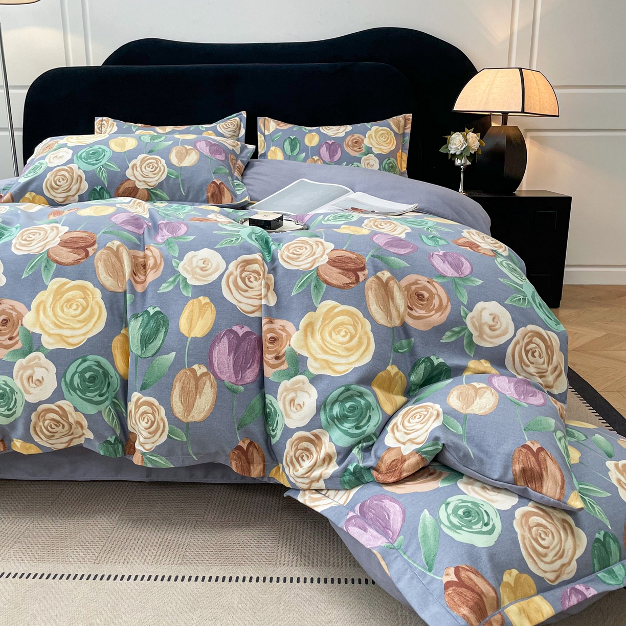 91家纺网 家纺一手货源 找家纺 洁柔直播新款全棉磨毛喷气印花四件套加厚纯棉三件套（一字绣工艺款） 富贵花园