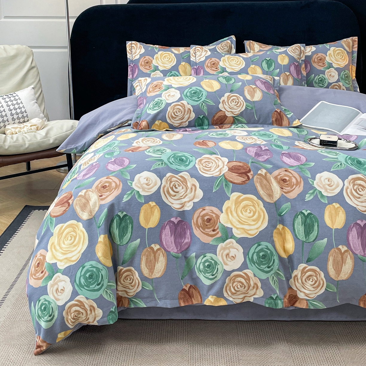 91家纺网 家纺一手货源 找家纺 洁柔直播新款全棉磨毛喷气印花四件套加厚纯棉三件套（一字绣工艺款） 富贵花园