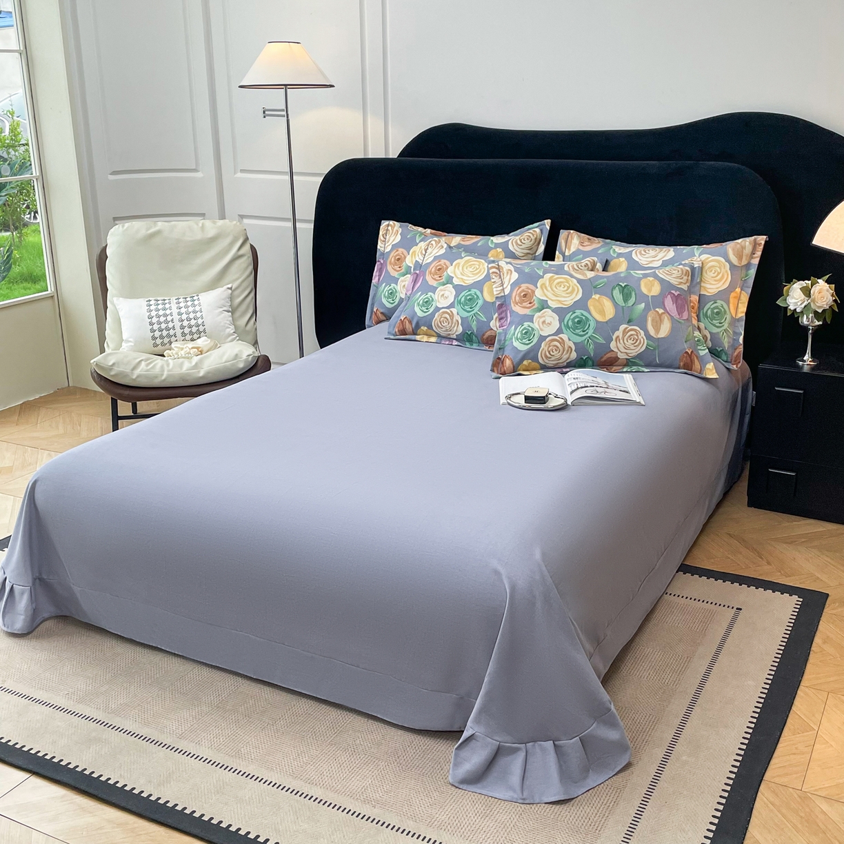 91家纺网 家纺一手货源 找家纺 洁柔直播新款全棉磨毛喷气印花四件套加厚纯棉三件套（一字绣工艺款） 富贵花园