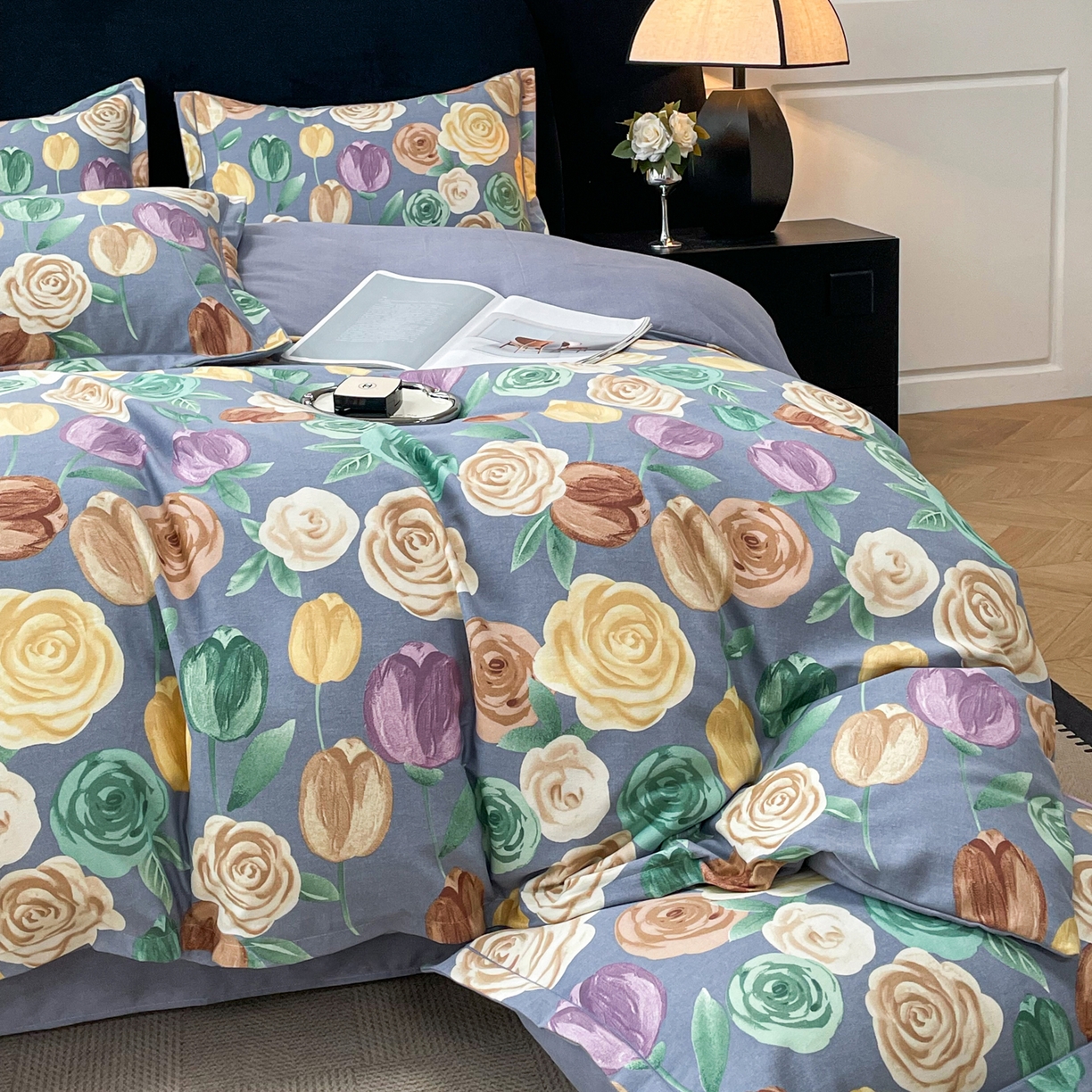 91家纺网 家纺一手货源 找家纺 洁柔直播新款全棉磨毛喷气印花四件套加厚纯棉三件套（一字绣工艺款） 富贵花园