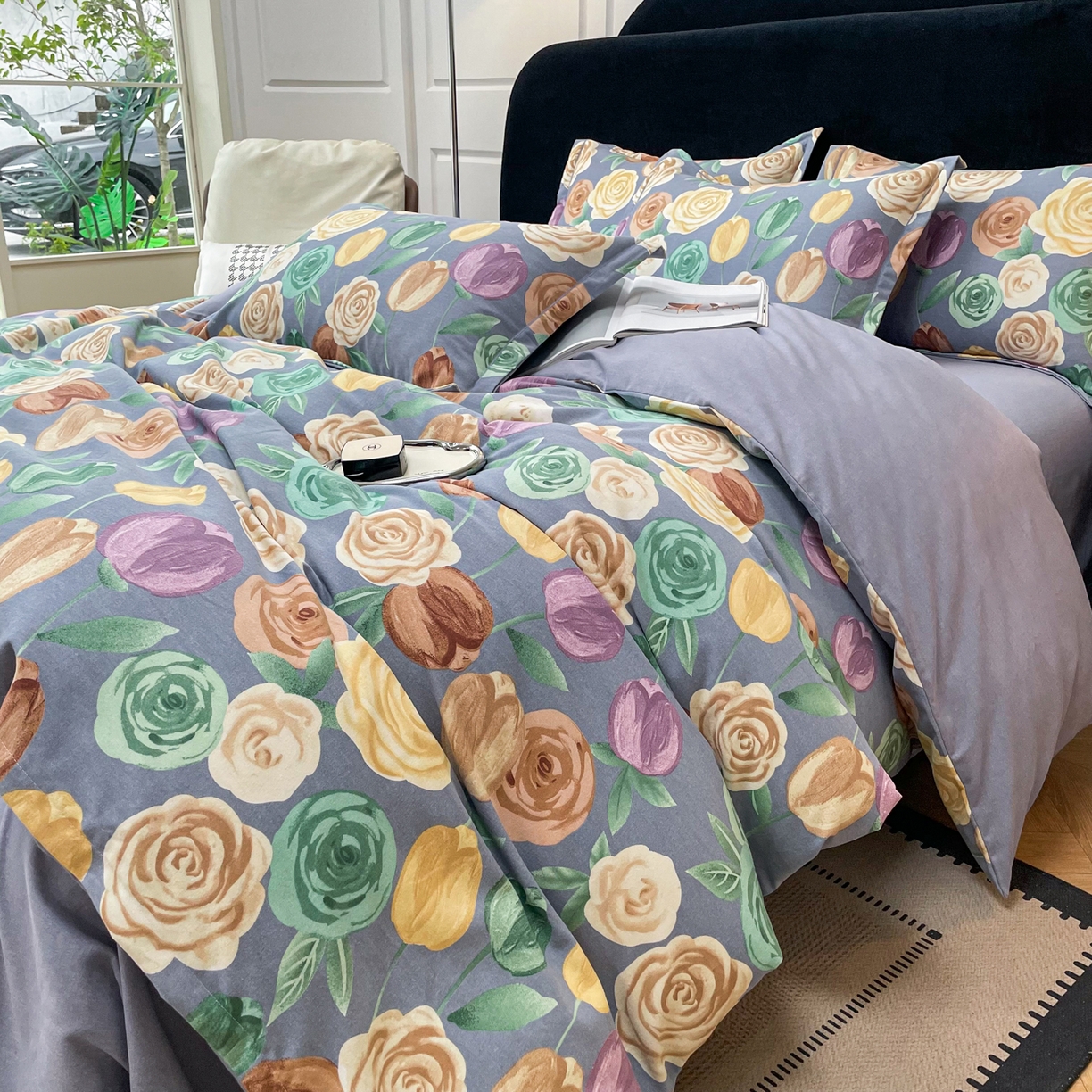 91家纺网 家纺一手货源 找家纺 洁柔直播新款全棉磨毛喷气印花四件套加厚纯棉三件套（一字绣工艺款） 富贵花园