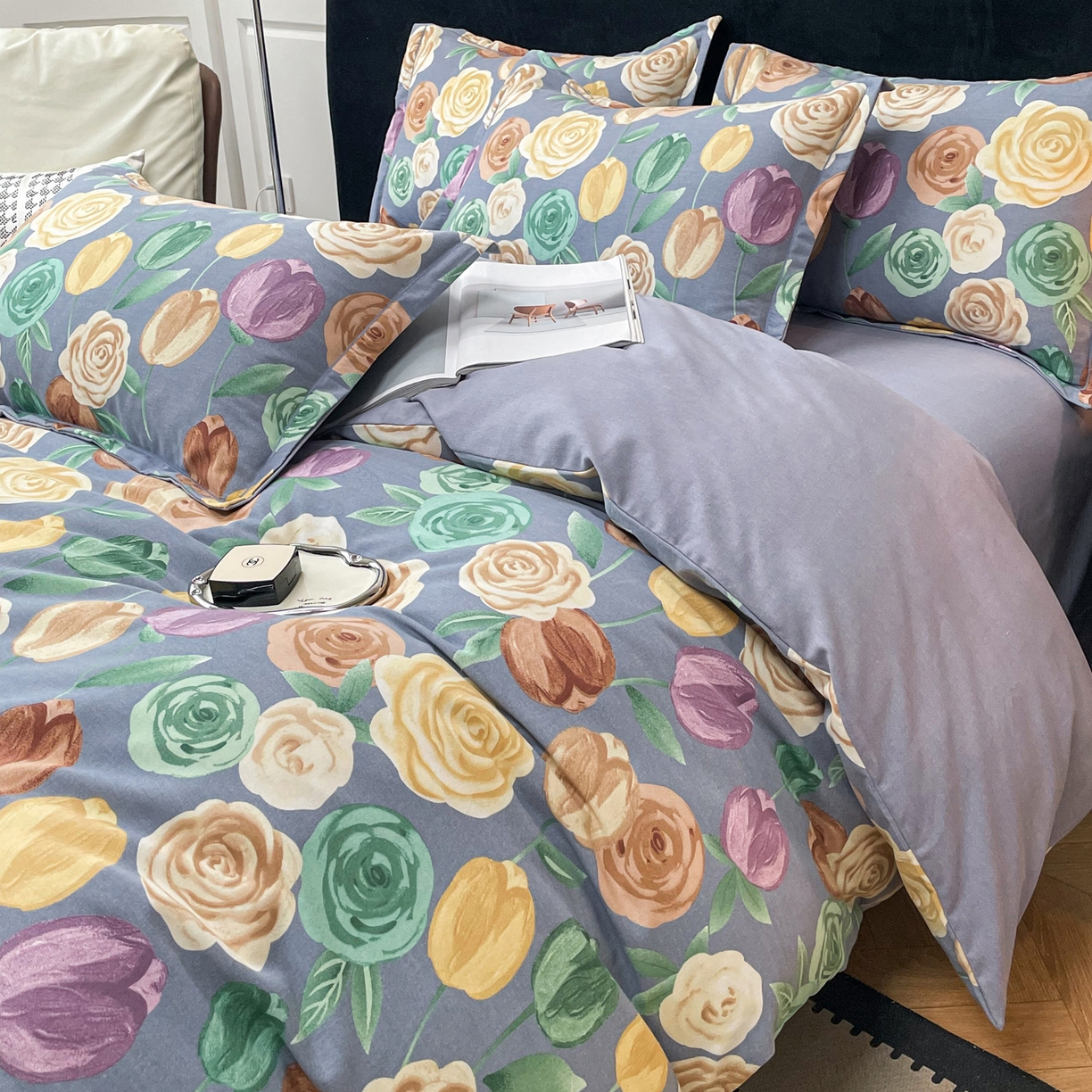 91家纺网 家纺一手货源 找家纺 洁柔直播新款全棉磨毛喷气印花四件套加厚纯棉三件套（一字绣工艺款） 富贵花园