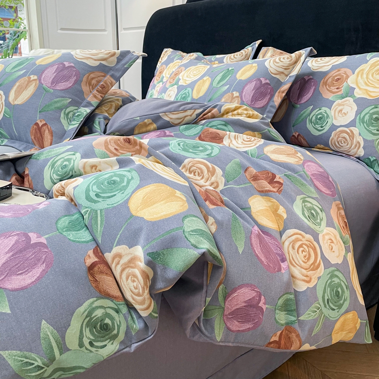 91家纺网 家纺一手货源 找家纺 洁柔直播新款全棉磨毛喷气印花四件套加厚纯棉三件套（一字绣工艺款） 富贵花园