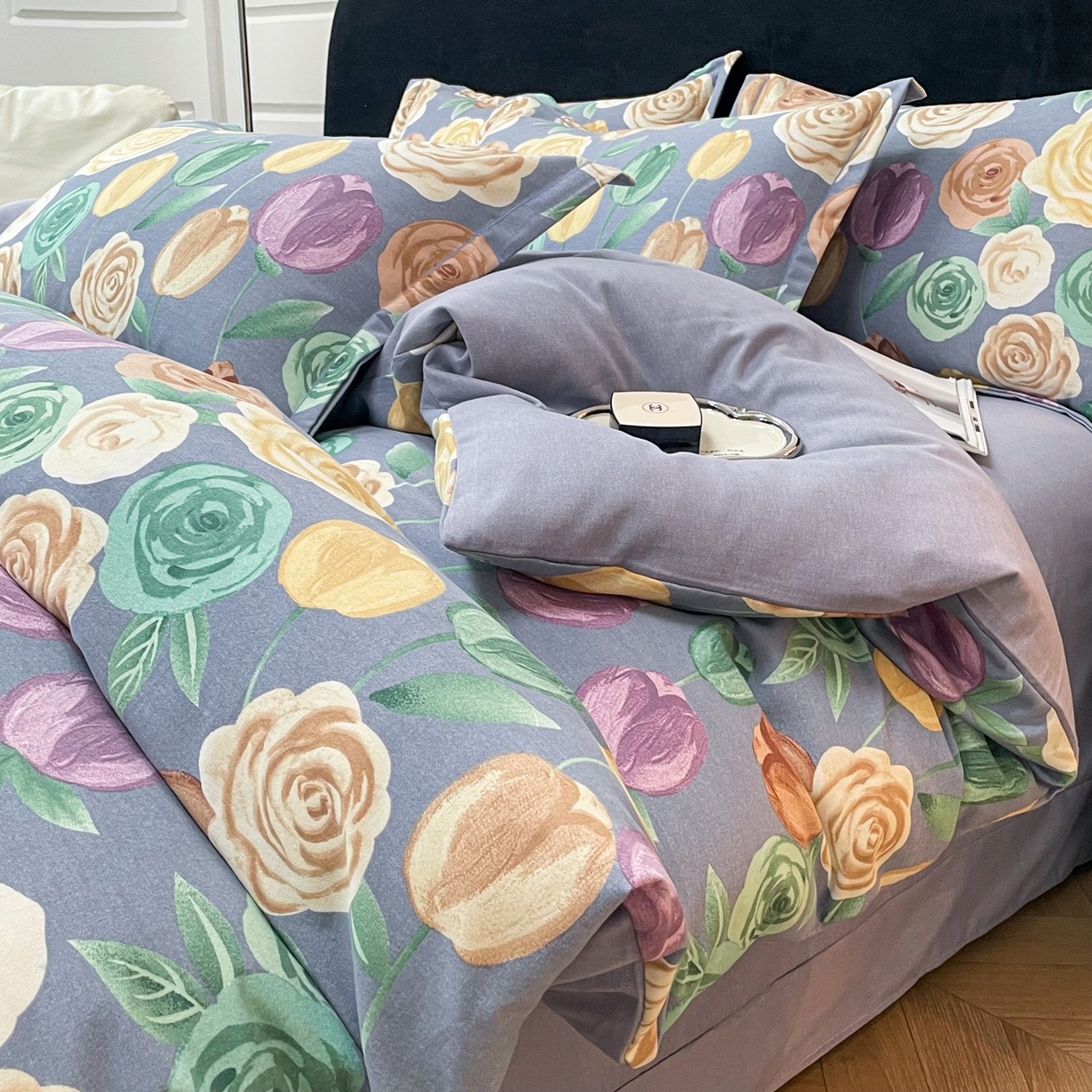 91家纺网 家纺一手货源 找家纺 洁柔直播新款全棉磨毛喷气印花四件套加厚纯棉三件套（一字绣工艺款） 富贵花园