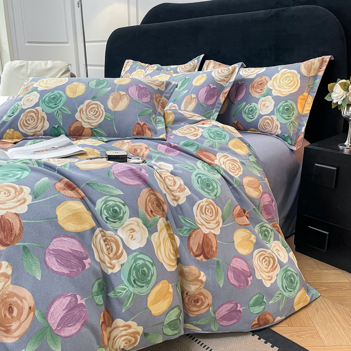 91家纺网 家纺一手货源 找家纺 洁柔直播新款全棉磨毛喷气印花四件套加厚纯棉三件套（一字绣工艺款） 富贵花园