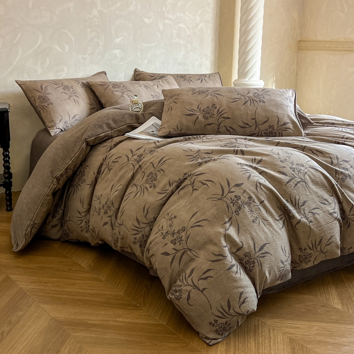 91家纺网 家纺一手货源 找家纺 艺玲家纺 2025新款加厚高克重原麻复古风亚麻印花四件套 岩间絮