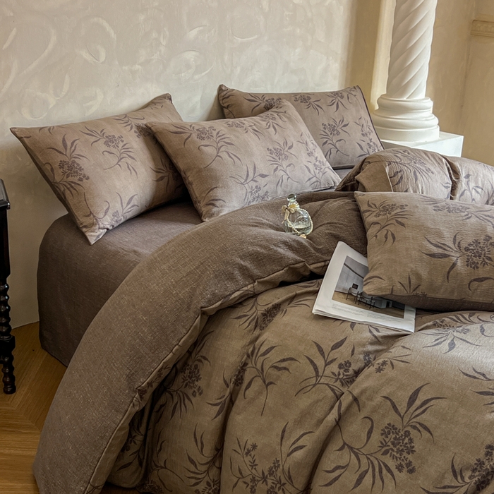 91家纺网 家纺一手货源 找家纺 艺玲家纺 2025新款加厚高克重原麻复古风亚麻印花四件套 岩间絮