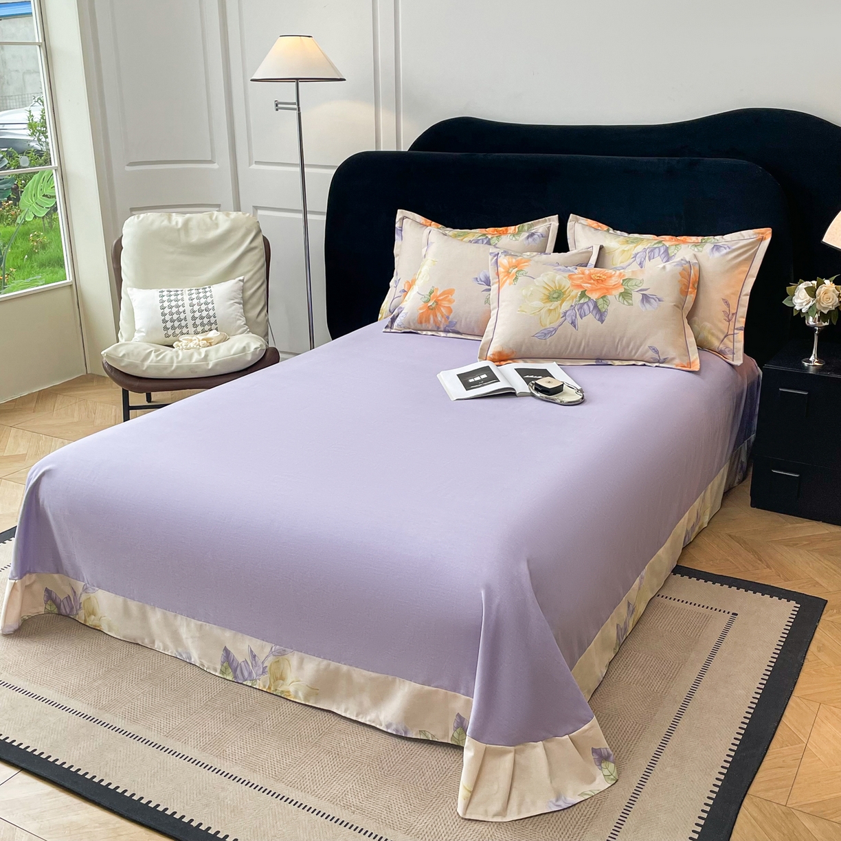 91家纺网 家纺一手货源 找家纺 洁柔直播新款全棉磨毛喷气印花四件套加厚纯棉三件套（一字绣工艺款）花开半秋