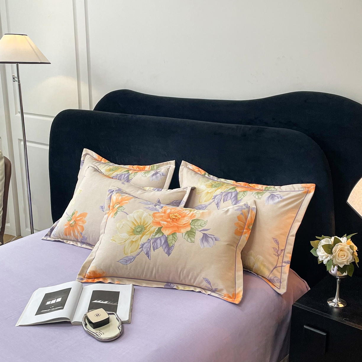 91家纺网 家纺一手货源 找家纺 洁柔直播新款全棉磨毛喷气印花四件套加厚纯棉三件套（一字绣工艺款）花开半秋