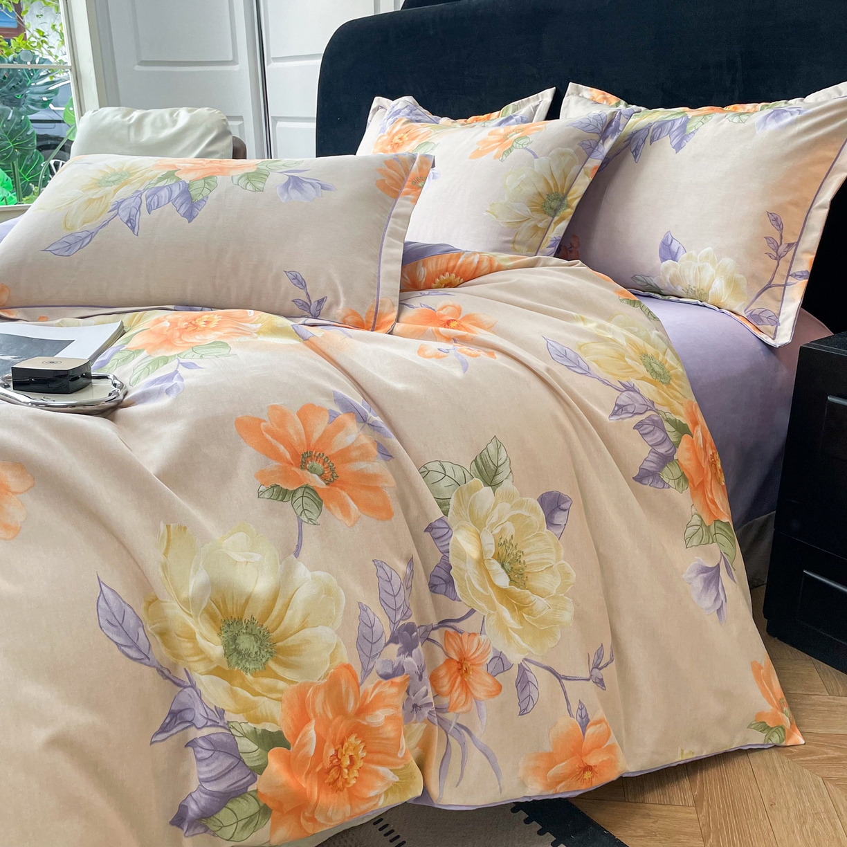 91家纺网 家纺一手货源 找家纺 洁柔直播新款全棉磨毛喷气印花四件套加厚纯棉三件套（一字绣工艺款）花开半秋