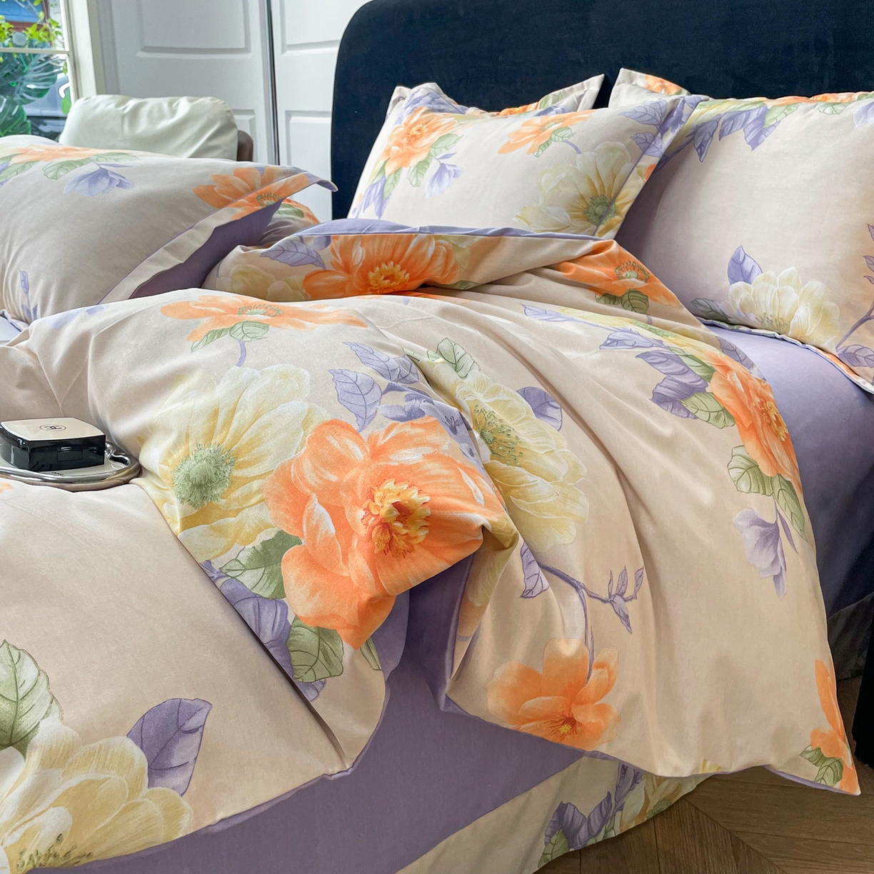 91家纺网 家纺一手货源 找家纺 洁柔直播新款全棉磨毛喷气印花四件套加厚纯棉三件套（一字绣工艺款）花开半秋