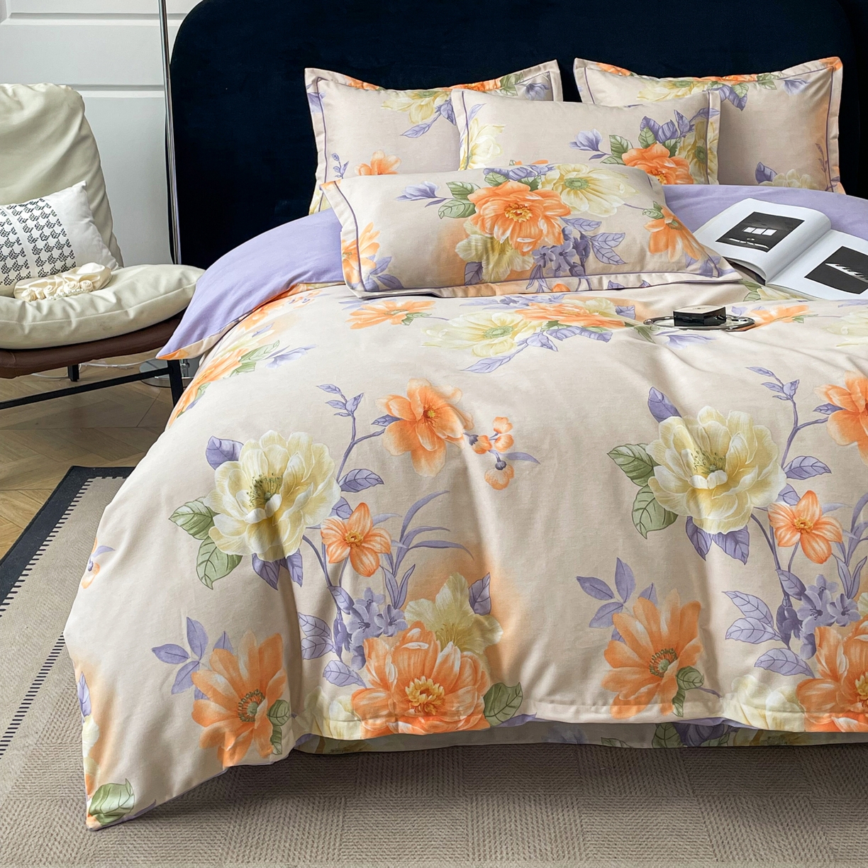 91家纺网 家纺一手货源 找家纺 洁柔直播新款全棉磨毛喷气印花四件套加厚纯棉三件套（一字绣工艺款）花开半秋