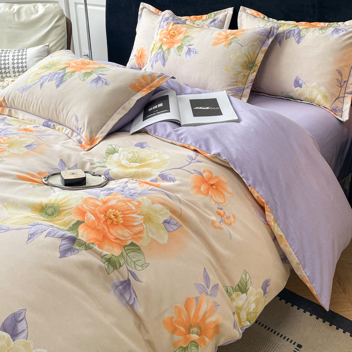 91家纺网 家纺一手货源 找家纺 洁柔直播新款全棉磨毛喷气印花四件套加厚纯棉三件套（一字绣工艺款）花开半秋