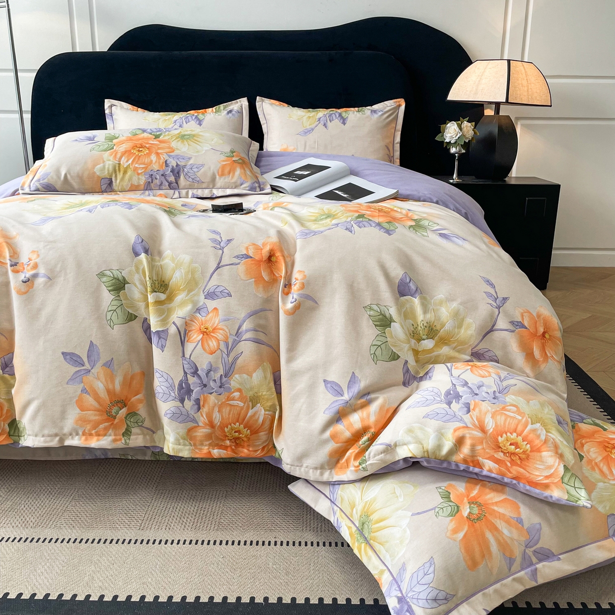 91家纺网 家纺一手货源 找家纺 洁柔直播新款全棉磨毛喷气印花四件套加厚纯棉三件套（一字绣工艺款）花开半秋