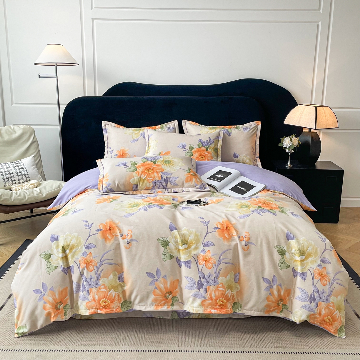 洁柔直播新款全棉磨毛喷气印花四件套加厚纯棉三件套（一字绣工艺款）花开半秋