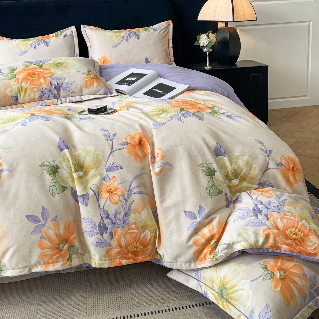 91家纺网 家纺一手货源 找家纺 洁柔直播新款全棉磨毛喷气印花四件套加厚纯棉三件套（一字绣工艺款）花开半秋