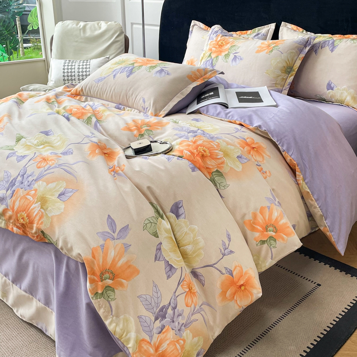 91家纺网 家纺一手货源 找家纺 洁柔直播新款全棉磨毛喷气印花四件套加厚纯棉三件套（一字绣工艺款）花开半秋