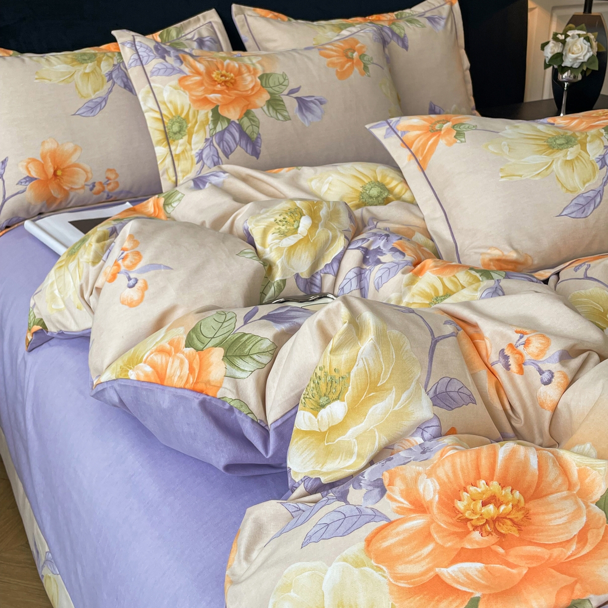 91家纺网 家纺一手货源 找家纺 洁柔直播新款全棉磨毛喷气印花四件套加厚纯棉三件套（一字绣工艺款）花开半秋