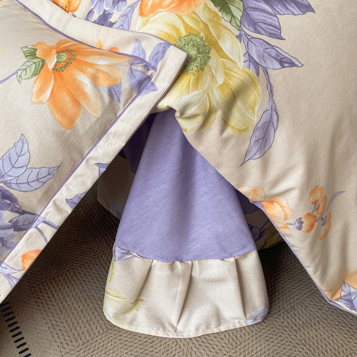 91家纺网 家纺一手货源 找家纺 洁柔直播新款全棉磨毛喷气印花四件套加厚纯棉三件套（一字绣工艺款）花开半秋