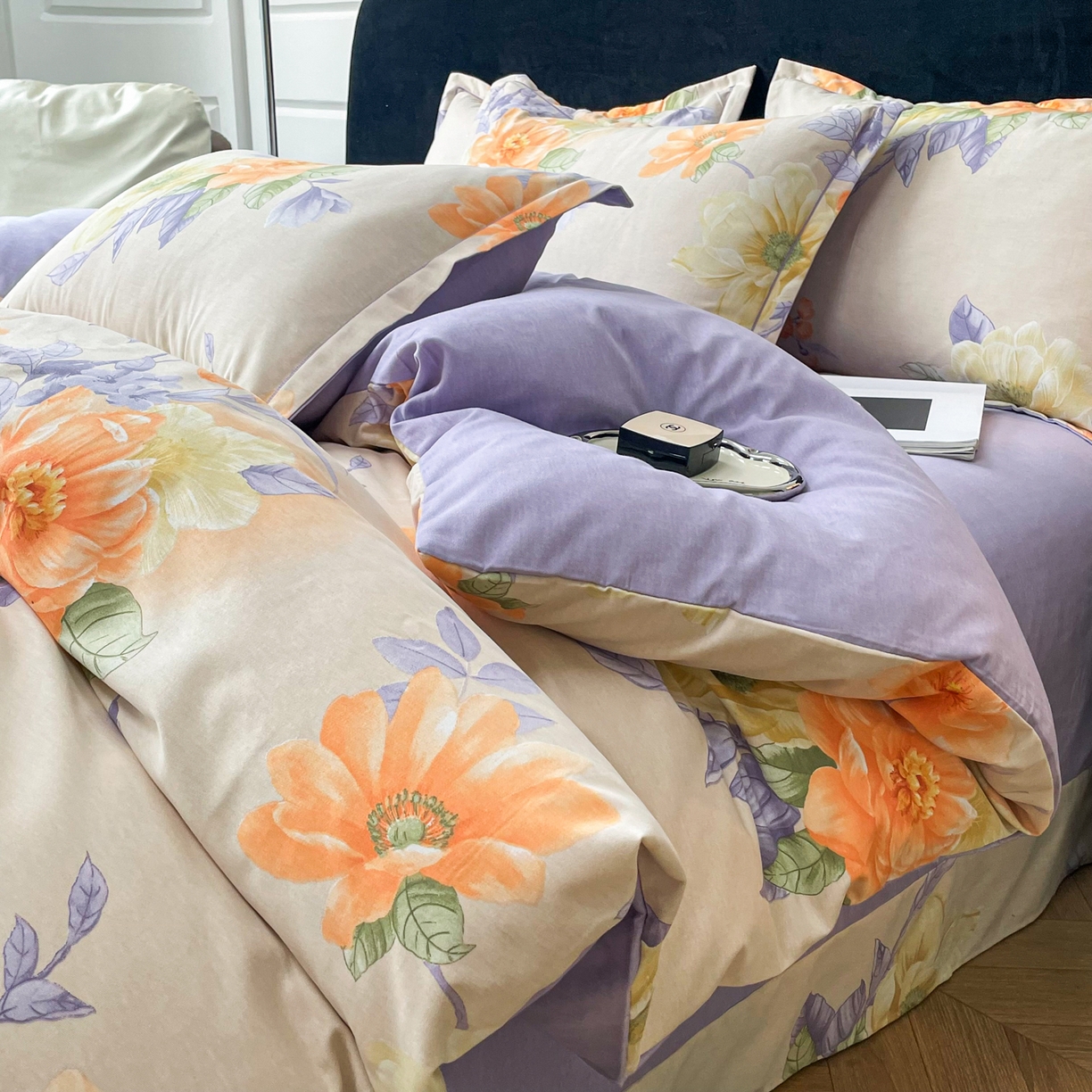 91家纺网 家纺一手货源 找家纺 洁柔直播新款全棉磨毛喷气印花四件套加厚纯棉三件套（一字绣工艺款）花开半秋