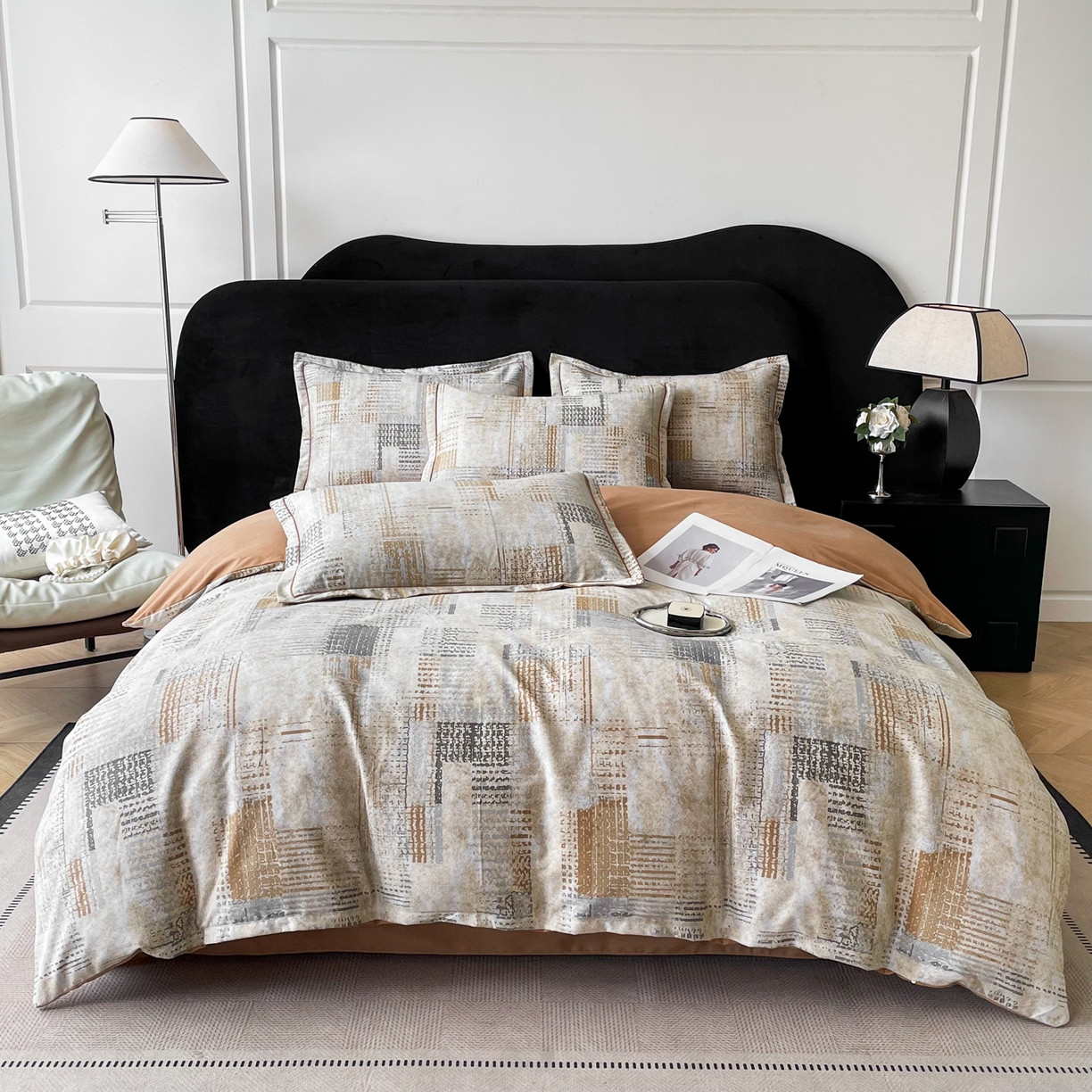 洁柔直播新款全棉磨毛喷气印花四件套加厚纯棉三件套（一字绣工艺款）渐变卡其