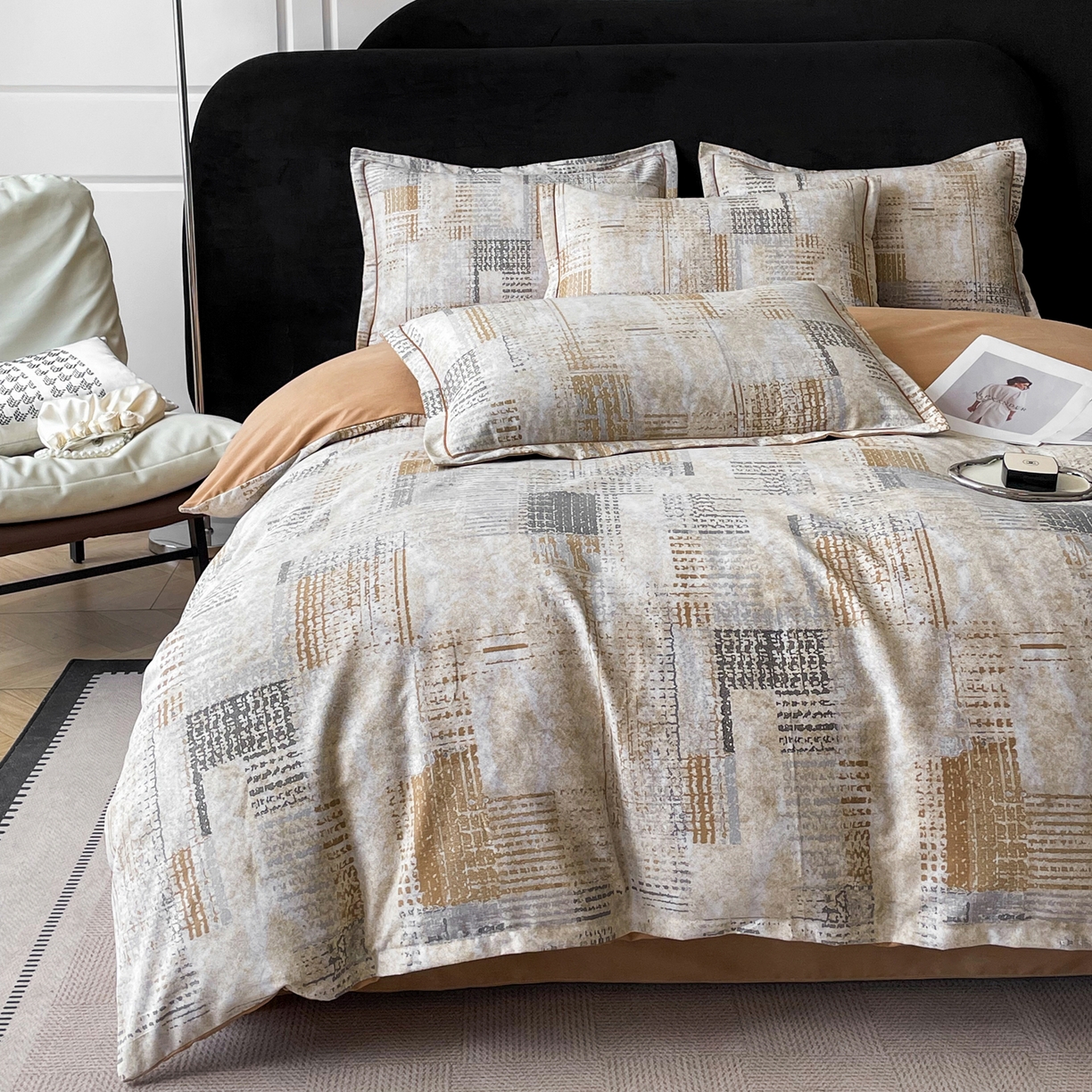 91家纺网 家纺一手货源 找家纺 洁柔直播新款全棉磨毛喷气印花四件套加厚纯棉三件套（一字绣工艺款）渐变卡其