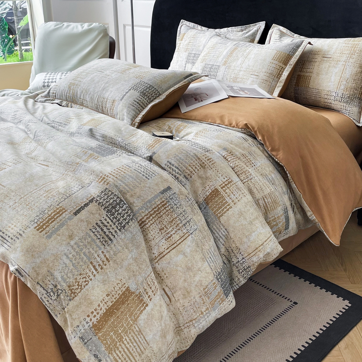 91家纺网 家纺一手货源 找家纺 洁柔直播新款全棉磨毛喷气印花四件套加厚纯棉三件套（一字绣工艺款）渐变卡其