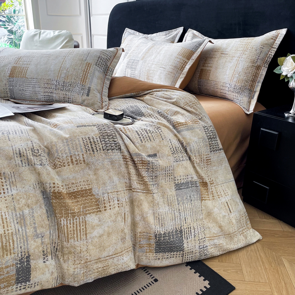 91家纺网 家纺一手货源 找家纺 洁柔直播新款全棉磨毛喷气印花四件套加厚纯棉三件套（一字绣工艺款）渐变卡其