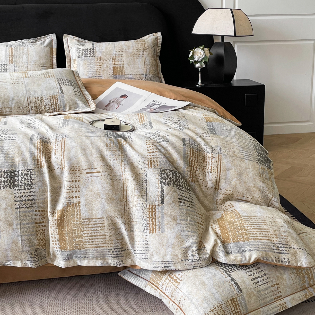 91家纺网 家纺一手货源 找家纺 洁柔直播新款全棉磨毛喷气印花四件套加厚纯棉三件套（一字绣工艺款）渐变卡其