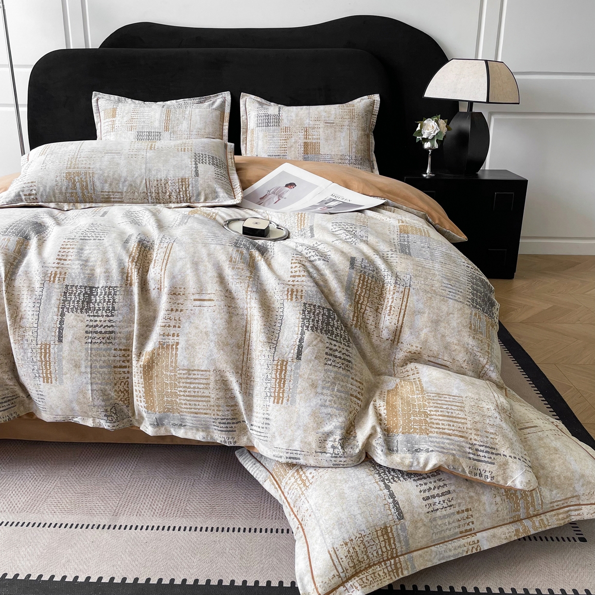 91家纺网 家纺一手货源 找家纺 洁柔直播新款全棉磨毛喷气印花四件套加厚纯棉三件套（一字绣工艺款）渐变卡其